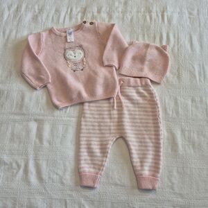 Carter's girls size 6 months knit sweater, pants and matching hat pink white EUC